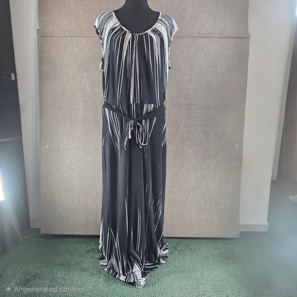 Kasper Womens 14‎ Black White Abstract Stripe Sleeveless Belted Maxi Dress